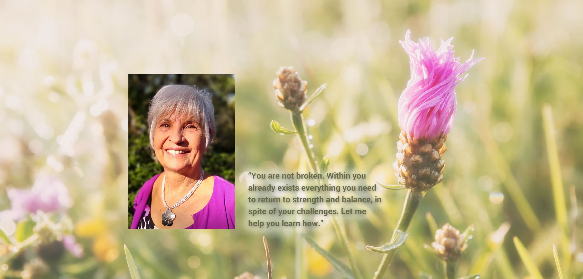 Linda Marston photo with grass and flowers background.